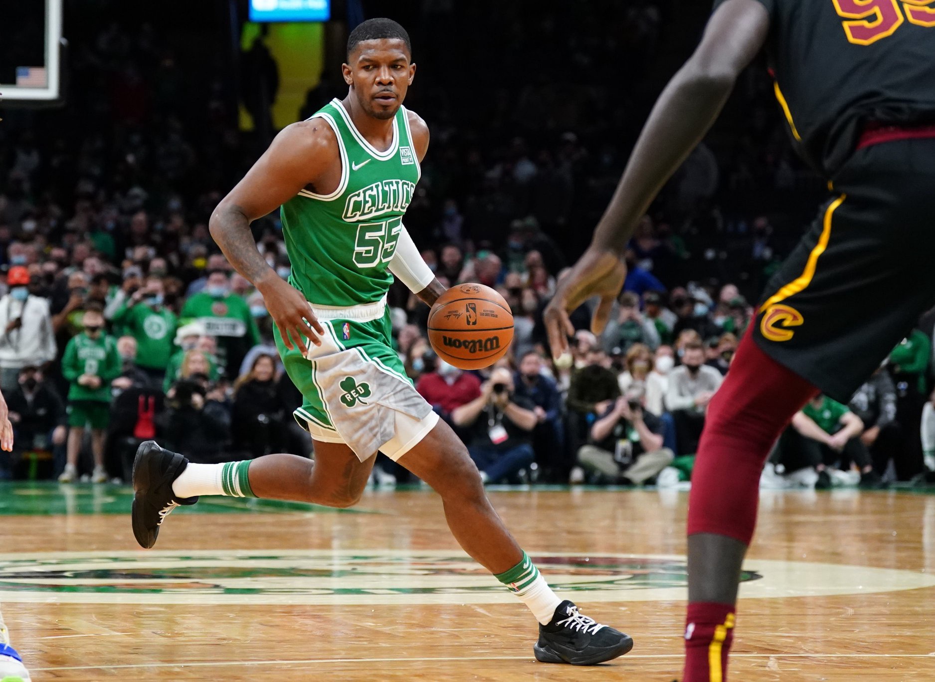 Dec 22, 2021; Boston, Massachusetts, USA; Boston Celtics guard Joe Johnson (55) moves the ball against The Cleveland Cavaliers in the second half at TD Garden. Mandatory Credit: David Butler II-USA TODAY Sports