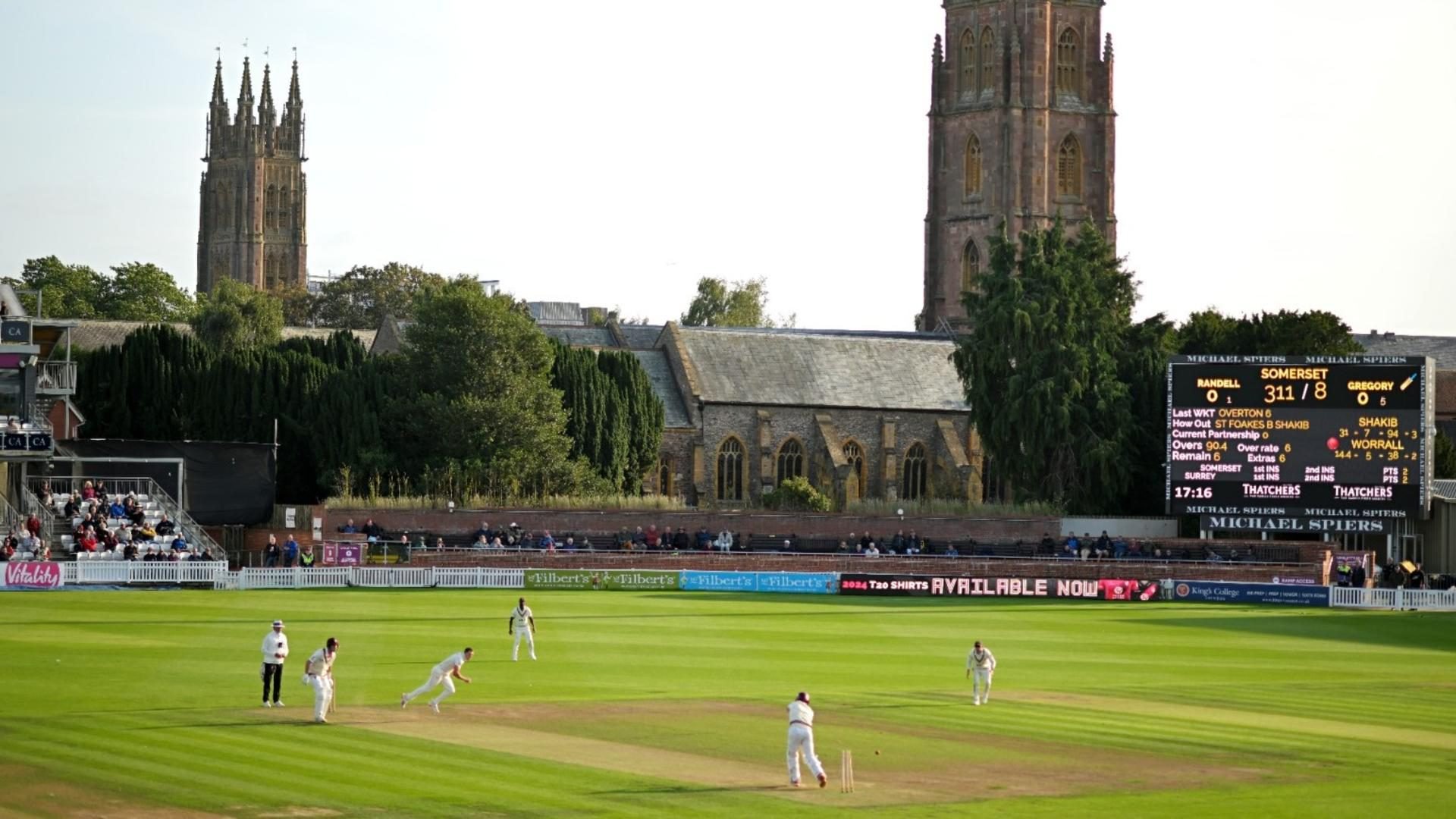 Backdrop of a County Championship match being played at Taunton