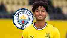 Borussia Dortmund star Mathis Albert with a Man City badge