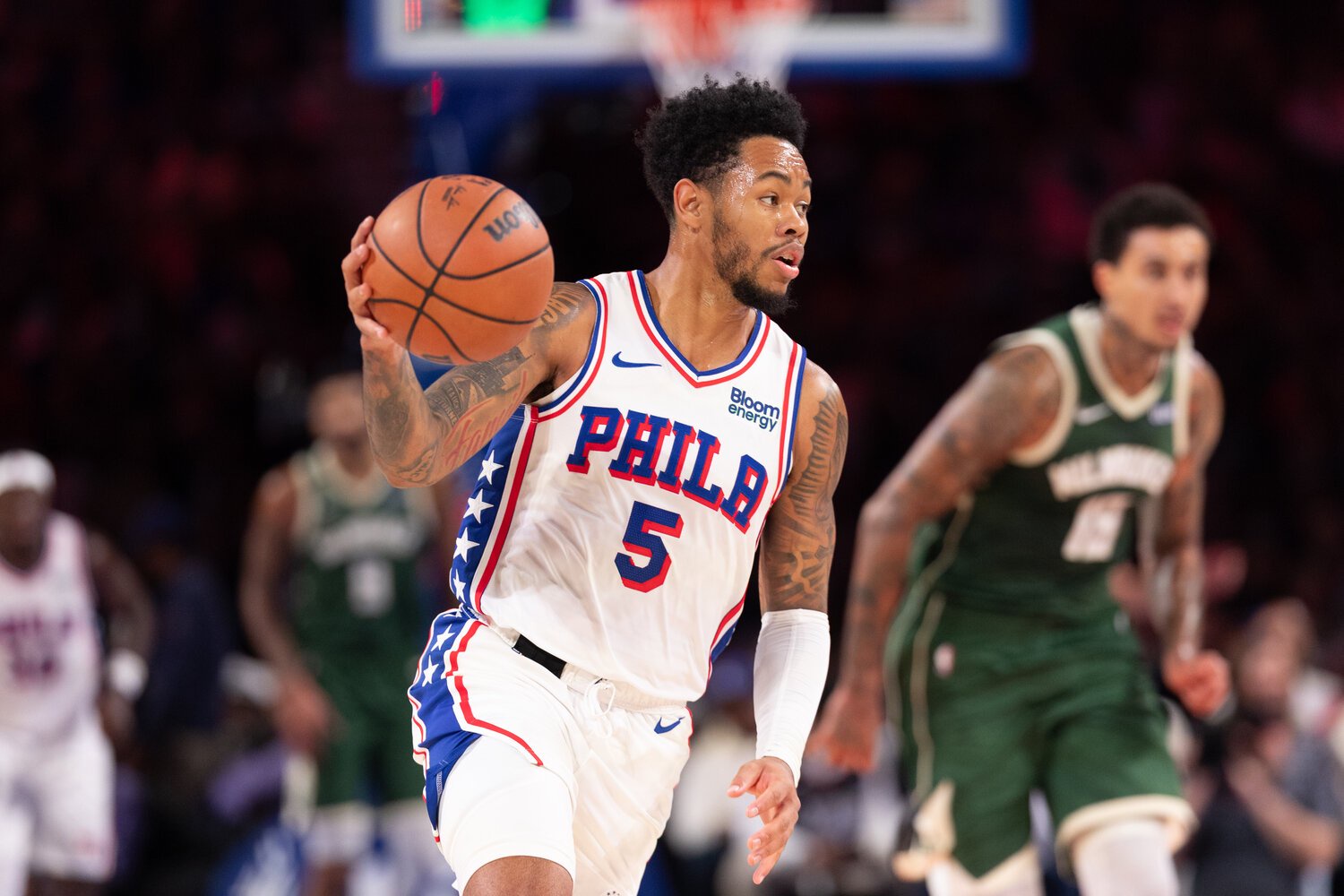 Philadelphia 76ers guard Anfernee Simons (5) controls the ball against the Milwaukee Bucks during the second quarter at Xfinity Mobile Arena.