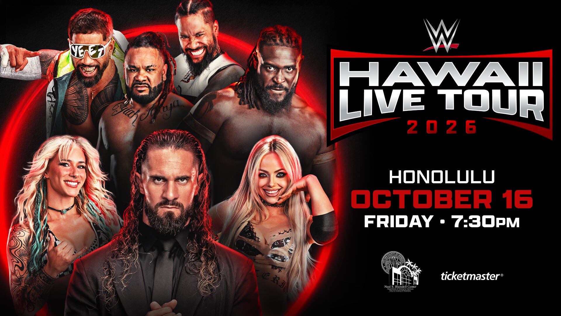 WWE Hawaii, Seth Rollins, Sol Ruca, Liv Morgan, Oba Femi, Jacob Fatu, The Usos, Jey Uso, Jimmy Uso