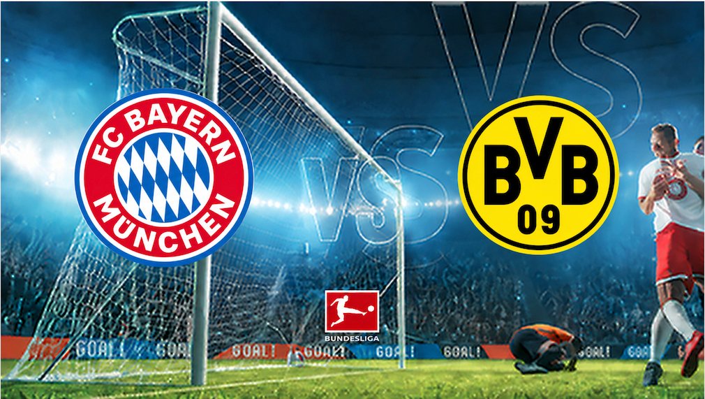 Logos von Bayern München und Borussia Dortmund auf Stadionhintergrund