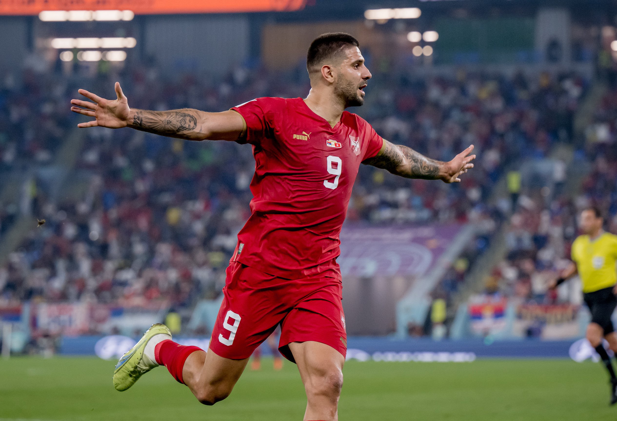 Mitrovic celebrating his goal in Serbia's 3-2 defeat to Switzerland