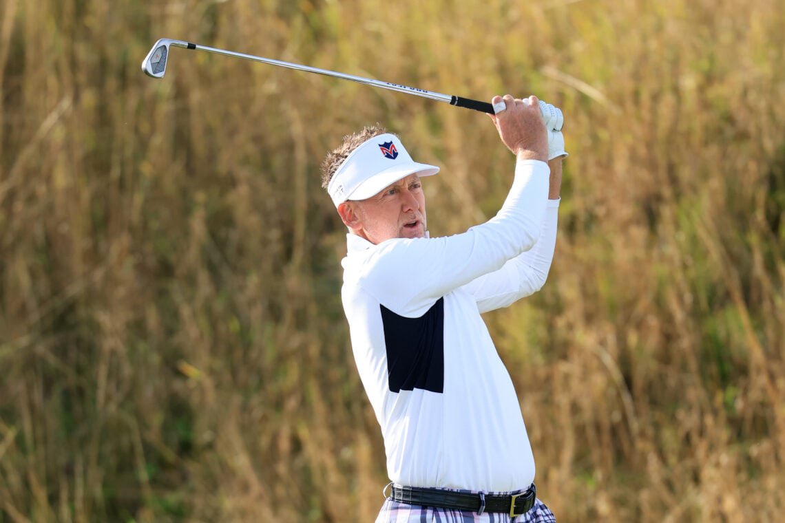 Ian Poulter of England tees off on the 2nd hole on Day Three of the Alfred Dunhill Links Championship at Kingsbarns Golf Links