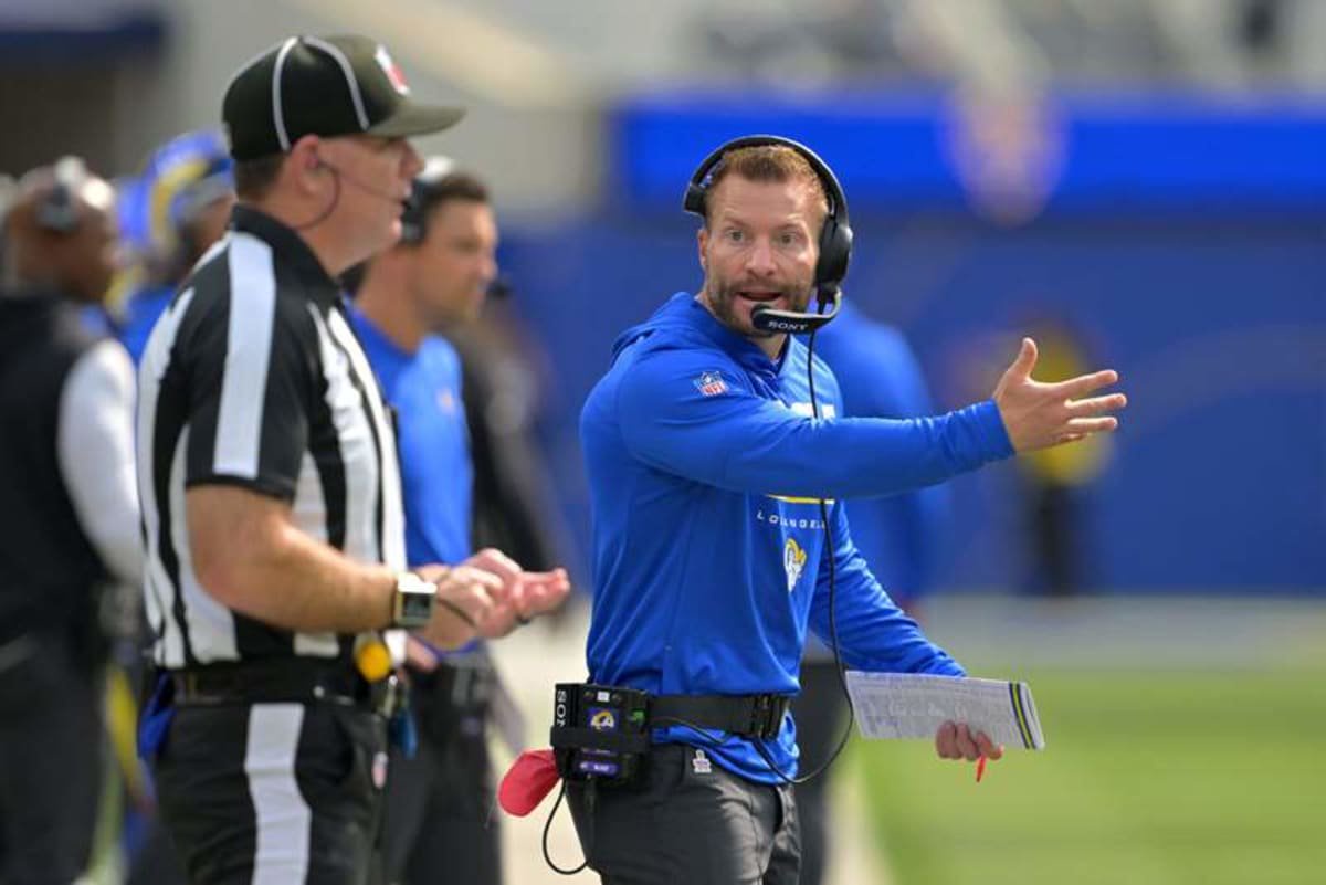 Oct 18, 2026; Inglewood, California, USA; Los Angeles Rams head coach Sean McVay reacts in the first quarter against the Arizona Cardinals at SoFi Stadium. © Jayne Kamin-Oncea-Imagn Images