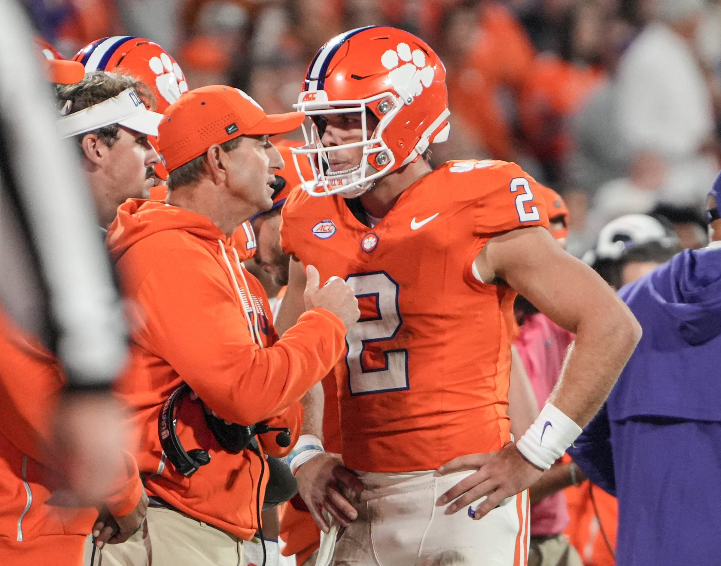 Clemson head coach Dabo Swinney talks with Clemson quarterback Tait Reynolds (2) after he threw a ball out of bounds during the second quarter at Memorial Stadium Saturday, October 24, 2026.