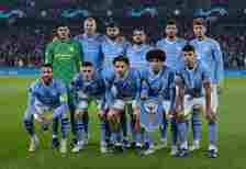 Manchester City team group, back row l-r, Ederson, Erling Haaland, Josko Gvardiol, Mateo Kovacic, Ruben Dias, John Stones, front row l-r, Kyle Walk...