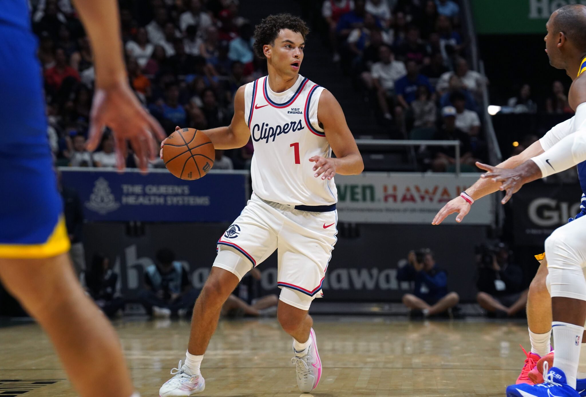 Oct 4, 2026; Honolulu, Hawaii, USA; (Editors Notes: Caption Correction) Los Angeles Clippers guard Keaton Wagler (1) dribbles during the first half against the Golden State Warriors at Bankoh Arena at the Stan Sheriff Center. Mandatory Credit: Michelle Bir-Imagn Images