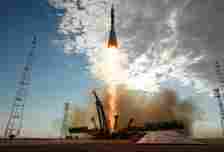 The Soyuz TMA-05M rocket launches from the Baikonur Cosmodrome, Kazakhstan