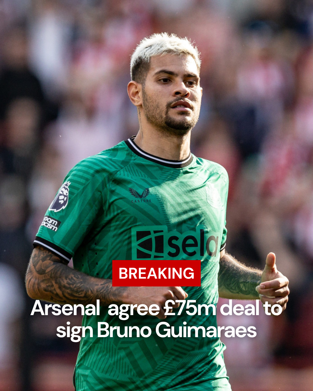 Picture of Bruno Guimaraes playing for Newcastle overlaid by breaking news statement