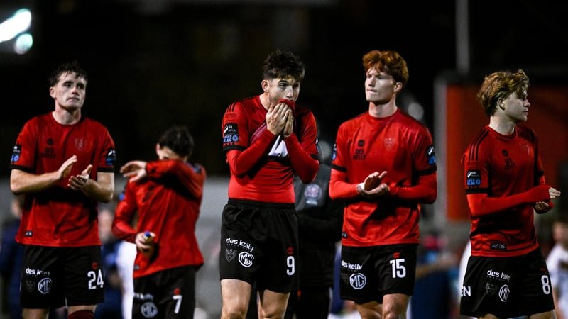 Bohemians players, from left, Cian Byrne, Colm Whelan, Senan Mullen and Harry Vaughan react aftr the SSE Airtricity Men's Premier Division match between Bohemians and Shelbourne at Dalymount Park in Dublin