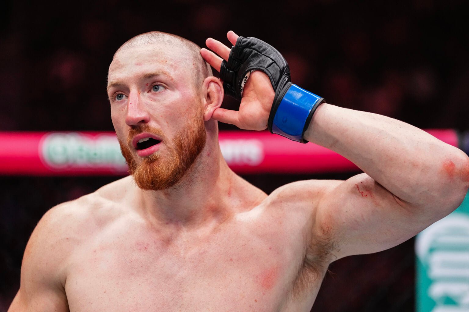 Joe Pyfer reacts after submitting Abus Magomedov at UFC 320