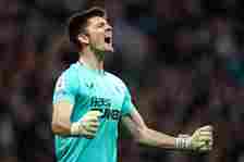 Nick Pope of Newcastle United celebrates following the Premier League match between Newcastle United and Wolverhampton Wanderers at St. James Park ...